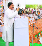 Chief Minister Ramesh Pokhriyal Nishank addresses a public meeting at Ramnagar town in Kumaon on Wednesday