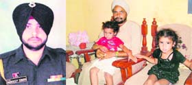 A file photo of jawan Hardeep Singh from Mahrauli village in Anandpur Sahib, who was killed in the Kupwara sector; and (right) bereaved daughters of the jawan