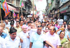 Activists of the BJP hold a demonstration in Jammu on Thursday in support of the security forces deployed in the Kashmir valley.