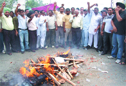 Truck operators burn an effigy of Industries Minister Manoranjan Kalia in Jalandhar