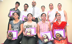 Students of Kapri Institute who were awarded during a presentation competition in Ludhiana.