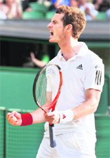 Britains Andy Murray celebrates after defeating Jo-Wilfried Tsonga in London on Wednesday.