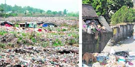 A garbage trenching ground near Sahastradhara in Dehradun and (right) garbage strewn on a road in a locality on the Neshwila Road