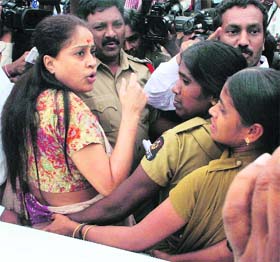TRS MP and film actress Vijayashanti being arrested in connection with inflammatory remarks over Telangana, in Hyderabad on Saturday.