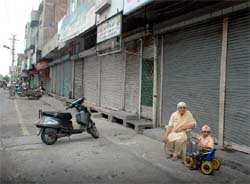 The Sadar Bazar wearing a deserted look during the Bharat Bandh, in Bathinda on Monday
