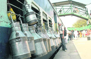 Milk containers hanging from windows of a passenger train passing through a village in Gurgaon district.