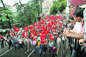 CPM activists carry out a procession to observe the Bharat Bandh against the fuel price hike in Shimla