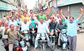 BJP activists take out a protest rally in support of the nationwide bandh call in Jalandhar on Monday