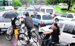 A traffic jam at the Sectors 19-20-30-27 roundabout in Chandigarh on Tuesday