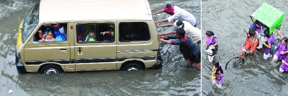 (Left) People push a school van that got stuck on a waterlogged street in New Delhis Ashok Vihar area on Tuesday. (Right) Schoolchildren wade through a waterlogged street in the same area.