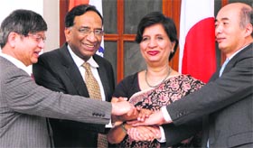 Foreign Secretary Nirupama Rao (2nd R), Defence Secretary Pradeep Kumar (2nd L), Japans Defence Vice Minister Kimito Nakae (L) and Deputy Foreign Minister Kenichiro Sasae in New Delhi on Tuesday.