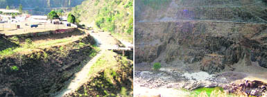 The proposed headquarters of the Lakhwar-Vyasi hydro power project at Juddo and (right) incomplete work left by the NHPC that was earlier awarded the project.