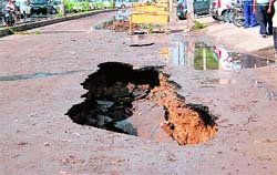 The stretch outside Deep Hospital which caved in following heavy rain in Ludhiana on Wednesday