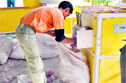 A worker operates a machine