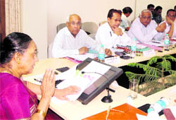 Governor Margaret Alva at a meeting with Vice-Chancellors of the state universities in Dehradun on Friday