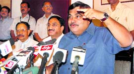 BJP national President Nitin Gadkari along with Uttarakhand Chief Minister Ramesh Pokhriyal Nishank and former CM BC Khanduri, addresses a press conference in Dehradun on Friday.