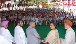 National secretary CPI, Amarjeet Kaur, former MLA Hardev Singh Arshi (centre) and others during a rally in Mansa
