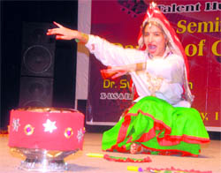 An artiste performs at the Randhawa auditorium in Chandigarh on Sunda