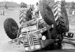 The mangled remains of the tractor that was hit by a Haryana Roadways bus on the 