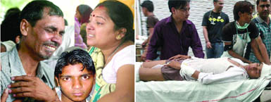 The parents of Manjeet (inset) who died in the RTV accident outside the trauma centre in North Delhi on Monday. (Right) A schoolboy who was injured in the accident at the trauma centre.