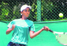 Nikita Bisnoi in action during the AITA U-16 tournament being played at the CLTA grounds in Sector 10, Chandigarh, on Tuesday.