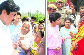 INLD secretary general Ajay Singh Chautala; and (right) Central minister Kumari Selja meet flood victims in Ambala