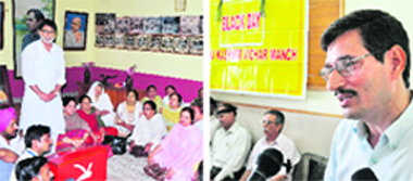 NC leader Aslam Goni addresses party workers at a function organised to observe Martyrs Day in Jammu on Tuesday; and (right) a participant speaks at a seminar organised by the Jammu Kashmir Vichar Manch to observe the day as black day