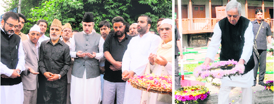 Chief Minister Omar Abdullah along with fellow ministers and NC leaders prays at the martyrs graveyard at Naqashbandh Sahib shrine in Srinagar on Tuesday; and (right) PDP patron Mufti Mohammad Sayeed pays tributes.