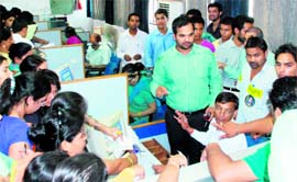 SOPU activists stop bank employees from depositing fee of students at Panjab University on Wednesday