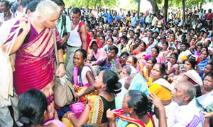 Medha Patkar at a rally organised to protest against the construction of mega dams on the Brahmaputra, in Guwahati on Wednesday.