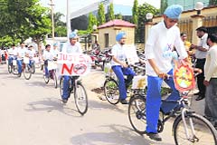 Participants in a bicycle rally against drug abuse in Mohali on Thursday. 