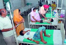 Children of Shamshabad village, who fell ill after consuming contaminated water, being treated at a hospital in Jalandhar on Thursday