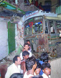 The accident site where a truck crashed into a house in New Delhi on Thursday night.