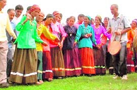 Devotees dance in traditional attire at the Devi Kol festival in Mussoorie on Friday.