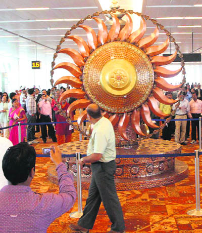 Satish Gupta’s copper and gold-plated Surya sculpture symbolises the strength and power of India