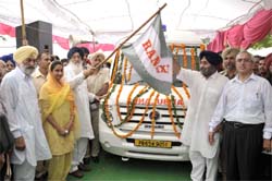 CM Parkash Singh Badal and Deputy CM Sukhbir Badal flagging off a healthcare van of the Ranbaxy in Mansa district on Saturday.