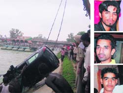 The car that plunged into the Bhakra Canal near Mandi Gobindgarh on Saturday morning; missing boys Mintu, Vicky and Lucky 