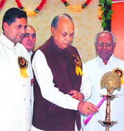 Chief Minister PK Dhumal inaugurates spiritual audio-visual exhibition and laser show at Brahamkumari centre in Shimla on Sunday. 