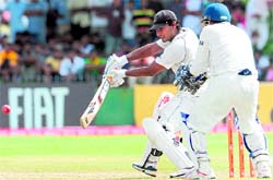 Kumara Sangakkara plays a shot on Sunday