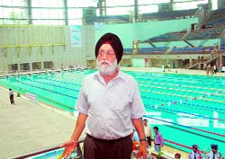 Sports Minister MS Gill at the newly-built Shyama Prasad Mukherjee Swimming Pool complex in New Delhi on Sunday