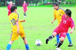 A Sikkim player charges during their match against Himachal Pradesh in Chandigarh