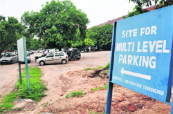 The site of the proposed multi-level parking at Sector 17, Chandigarh, that has been closed to the public for the past one year.