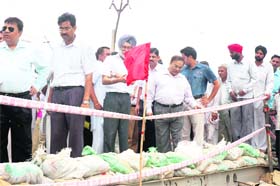 Central team members inspect a temporary bridge constructed by the Army over a nullah near Naggal in Ambala