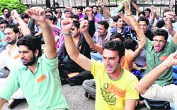 PUSU members protest outside the VCs office at Panjab University on Tuesday.