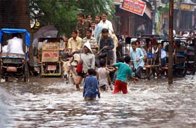 People cross the waterlogged road on a bullock cart after the rain near Shahdara Metro Station in New Delhi on Tuesday.