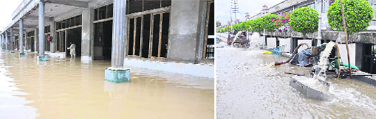 Pumps being used to flush out water from streets in Haridwar 