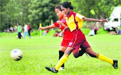 Players in action during the football match between Sikkim and Puducherry in Chandigarh on Wednesday