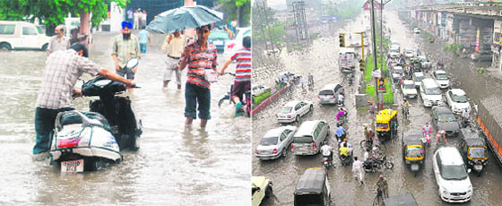 People wade through knee-deep water after heavy rain in Amritsar on Wednesday and (right) a waterlogged road in Ludhiana.
