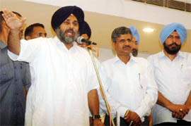 Punjab Deputy Chief Minister Sukhbir Singh Badal addresses a public meeting in Bathinda on Wednesday.