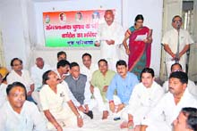 Congress leaders belonging to the Union Minister Harish Rawat camp hold a meeting in Dehradun on Wednesday.